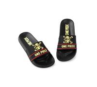 One Piece Claquettes noires pour garçon | Chaussures décontractées à l'effigie de l'emblème rouge et jaune | Vêtements d'extérieur et d'intérieur inspirés des dessins animés