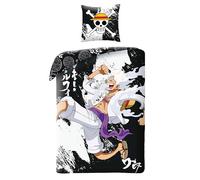 One Piece Parure de Lit Luffy Gear pour Lit 1 Place, Housse de Couette 140x200 cm avec Taie d'oreiller 63x63 cm, Imprimée Réversible, Noir et Blanc
