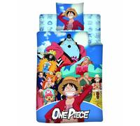 One Piece Parure Lit 3 Pièces 140x200 + Taie 65x65 + Drap Luffy Manga | Housse de couette enfant + drap-housse 90x200 | Polycoton séchage rapide | Équipage chapeau paille | Cadeau anime
