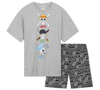 One Piece Pyjama Garçon, 7-14 Ans, Ensemble Garcon avec T-Shirt à Col Rond et Short, Vêtement de Nuit Anime, Cadeau Manga Fan (Gris/Noir, 13-14 Ans)