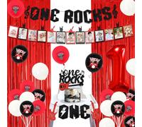 One Rocks Décoration de 1er anniversaire pour garçon avec une bannière rocks, une décoration de gâteau, une bannière de chaise haute, une bannière photo et un ballon en aluminium pour fête d'anniversaire musicale