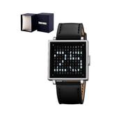 (One-size,E)For QlockTwoW Text Watch Unique LED Display Time Date Water Resistant Stainless Steel Leather Strap Fashion Minimalist Gift