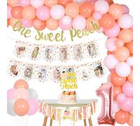 One Sweet Peach Birthday Decorations, Peach 1st Birthday Decoration for Girl - Peach Photo Banner Balloon Garland One Sweet Peach Banner Cake Topper Highchair Number 1 Balloon for Sweet Peach 1st Bday
