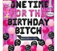 One Time for the Birthday Bitch Decorations for Girls Women Hot Pink - Balloon Banner Fringe Curtain Birthday Girl Sash Champagne Wine Glass Black Prints Balloon for Funny 18th 25th 30th 40th Bday