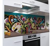 One-Wheel | Film PVC rigide autocollant pour crédence de cuisine | 340 x 60 cm | Sticker mural pour carrelage design art bleu | Motif : cartoon