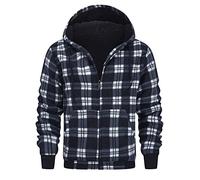 onedog Hommes à Carreaux Hoodie Fleece Sweatshirt avec Fermeture éclair complète Sweat à Capuche Hommes avec Manches Longues Fleece Veste d'hiver Chaude avec épaississement(Bleu Marine XL)