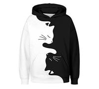 oneforus Sweat à Capuche imprimé Chat Femme Mignon Noir Chats Blancs imprimé Sweat à Capuche Deux Chats imprimé Haut Pull à Manches Longues avec Poche