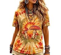oneforus T-Shirt Femme Style bohème à Manches Courtes col Rond Coupe Ample imprimé Graphique tie-Dye t-Shirt Basique d'été décontracté avec Motifs symboliques Mandalas Fleurs et Style Vintage