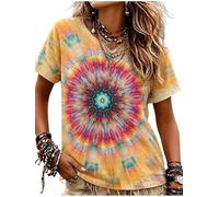 oneforus T-Shirt Femme Style bohème à Manches Courtes col Rond Coupe Ample imprimé Graphique tie-Dye t-Shirt Basique d'été décontracté avec Motifs symboliques Mandalas Fleurs et Style Vintage