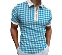 oneforus T-Shirt Polo à Fermeture éclair à Rayures Color Block pour Hommes imprimé rétro Pied-de-Poule 3D Demi-Zip col à Revers Manches Courtes Hauts décontractés pour Golf et Loisirs en Plein air