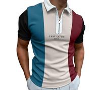 oneforus T-Shirt Polo à Fermeture éclair à Rayures Color Block pour Hommes imprimé rétro Pied-de-Poule 3D Demi-Zip col à Revers Manches Courtes Hauts décontractés pour Golf et Loisirs en Plein air