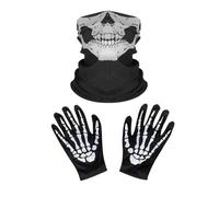 ONEINHE Gants squelette d'Halloween et masque de tête de mort demi-fantôme pour adulte, Halloween, cosplay, danse, fête costumée, Noir , taille unique