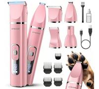 oneisall Kit de toilettage 4 en 1 pour chien avec écran LCD, tondeuse à poils de chien pour meuleuse à ongles, rechargeable sans fil, faible bruit, étanche IPX7, rose