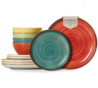 ONEMORE Lot de 12 assiettes et bols - Passe au micro-ondes, au four et au lave-vaisselle - Résistant aux rayures - Vaisselle en céramique pour 4 (12 pièces) - Couleurs assorties