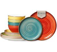 ONEMORE Lot de 12 assiettes et bols - Passe au micro-ondes et au four - Résistant aux rayures - Vaisselle en céramique pour 4 (12 pièces) - Couleurs assorties