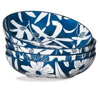 ONEMORE Lot de 4 bols à pâtes en céramique de 1065ml, grands bols peu profonds pour la cuisine, motif floral bleu, passent au four, au micro-ondes, au lave-vaisselle, résistants aux rayures