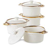 ONEMORE Lot de 4 ramequins mouchetés avec poignées et bord marron, couvercles en céramique, pour soupe et mini cocotte rustique