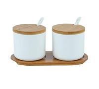 OnePine Lot de 2 Céramique Sucrier Rond Seasoning Containers Pot à épices Sel Spice Jar Condiments boîte avec Cuillère et Plateau en Bambou