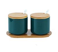 OnePine Lot de 2 Céramique Sucrier Rond Seasoning Containers Pot à épices Sel Spice Jar Condiments boîte avec Cuillère et Plateau en Bambou
