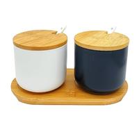 OnePine Lot de 2 Céramique Sucrier Rond Seasoning Containers Pot à épices Sel Spice Jar Condiments boîte avec Cuillère et Plateau (Blanc et Noir)
