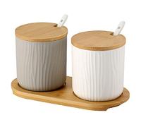 OnePine Lot de 2 Pot à épices Sel Spice Jar Condiments boîte Bol à Sucre Cuillère en céramique et Couverture de Bambou