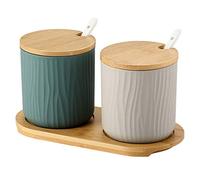 OnePine Lot de 2 Pot à épices Sel Spice Jar Condiments boîte Bol à Sucre Cuillère en céramique et Couverture de Bambou