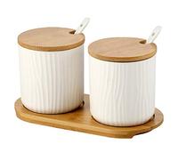 OnePine Lot de 2 Pot à épices Sel Spice Jar Condiments boîte Bol à Sucre Cuillère en céramique et Couverture de Bambou