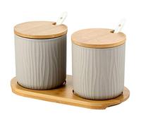 OnePine Lot de 2 Pot à épices Sel Spice Jar Condiments boîte Bol à Sucre Cuillère en céramique et Couverture de Bambou