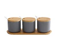 OnePine Lot de 3 Céramique Sucrier Rond Seasoning Containers Pot à épices Sel Spice Jar Condiments boîte avec Cuillère et Plateau en bambou