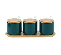 OnePine Lot de 3 Céramique Sucrier Rond Seasoning Containers Pot à épices Sel Spice Jar Condiments boîte avec Cuillère et Plateau en Bambou