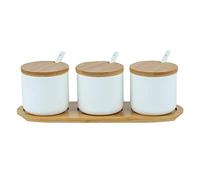 OnePine Lot de 3 Céramique Sucrier Rond Seasoning Containers Pot à épices Sel Spice Jar Condiments boîte avec Cuillère et Plateau en bambou