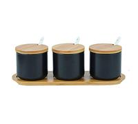 OnePine Lot de 3 Céramique Sucrier Rond Seasoning Containers Pot à épices Sel Spice Jar Condiments boîte avec Cuillère et Plateau en Bambou