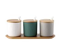OnePine Lot de 3 Trois Couleurs Pot à épices Sel Spice Jar Condiments boîte Bol à Sucre Cuillère en céramique et Couverture de Bambou