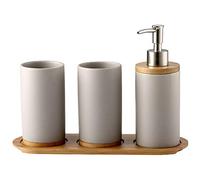 OnePine Lot de 4 Ensemble d'accessoires de Salle de Bain en céramique, Porte-Brosse à Dents, Distributeur de Savon, Gobelet, Plateau en Bambou