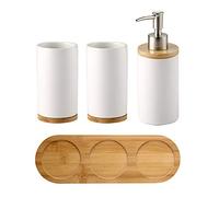 OnePine Lot de 4 Ensemble d'accessoires de Salle de Bain en céramique, Porte-Brosse à Dents, Distributeur de Savon, Gobelet, Plateau en Bambou