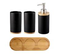 OnePine Lot de 4 Ensemble d'accessoires de Salle de Bain en céramique, Porte-Brosse à Dents, Distributeur de Savon, Gobelet, Plateau en Bambou