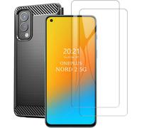 Oneplus Nord 2 5g - Pack 2 : Coque Fine Effet Fibre Carbone Brossée Noire + 2 Verres Trempés 9h, Antichoc Et Bords Surélevés (Protection Écran Et Caméra)