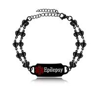 Oneress Bracelet Épilepsie Noir, Étiquette Médicale ICE, Chaîne Cœur Ajustable, ID Gravée Personnalisée, Bijou Urgence Crises YA5199 Black Epilepsy
