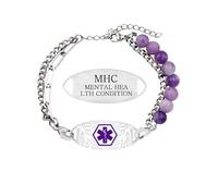 Oneress Bracelet Santé Mentale Lepidolite, Étiquette Acier Inoxydable Hypoallergénique Alerte Médicale Mode Pierres De Guérison Perlé ICE YA5493 Lepidolite MENTAL