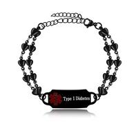 Oneress Bracelet Type 1 Noir, ID Médicale Gravée Personnalisée, Bijou Urgence Étanche Pour Voyage, Idéal Conditions Médicales YA5199 Black Type 1