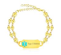 Oneress Bracelet Type 1 Or, Alerte Médicale Femme, Bijou Diabète Et Grossesse, Design Cœur Gravé, Ajustable Pour Voyage YA5200 Gold Type 1