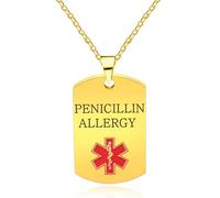 Oneress Collier Allergie Pénicilline, Pendentif Info Médicale Plaqué Or, Alerte Diabète I & Perte Mémoire Pour Femmes YA5217 Gold PENICILLIN