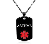 Oneress Collier Asthme, Pendentif ICE Noir, Symbole Rouge Urgence, Bijoux Santé Pour Patients Chroniques & Femmes YA5217 Black ASTHMA