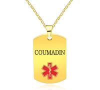 Oneress Collier Coumadin, Pendentif Urgence Homme Plaqué Or, ID Santé Étanche Pour Survivants Du Cancer YA5217 Gold COUMADIN