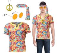 Oneshlee 70s Deguisement Hippie Homme, Costume Carnaval Deguisement Halloween Homme, 60s Deguisement Disco T-Shirt Accessoires Set Bandeau Collier Pour Rave Festival Fête (L)