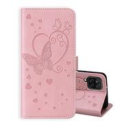 ONETHEFUL Coque Portefeuille Étui Samsung Galaxy A12 5G Housse Protection Accessoires Case Flip Cover Relief Papillon Phone Étuis en Faux Cuir avec Stand Rose