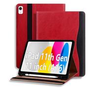 ONETHEFUL Coque pour iPad (A16) 11ème/10ème Génération 10.9 Pouces (2025/2022), Multi-Angles Etui de Protection en Cuir PU avec Support,Porte Cartes Etui Tablette Veille/Réveil Auto Rouge