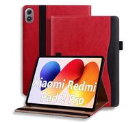 ONETHEFUL Étui de protection pour Xiaomi Redmi Pad 2 Pro 12,1" 2025, en cuir synthétique, avec support multifonction, 2 emplacements pour cartes et étui pour stylo, antidérapant, rouge