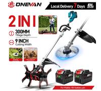 ONEVAN 2-en-1 Motoculteur Électrique Sans Balais 1800W, Tondeuse à Gazon Portable Sans Fil et Débroussailleuse, Outil Électrique pour Retournement du Sol, Compatible Batterie Makita 18V Without Batter