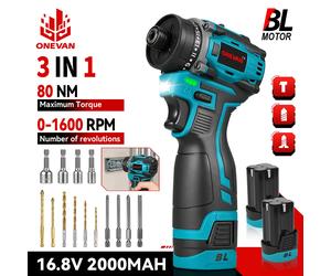 ONEVAN 21 + 2 tournevis électrique sans brosse Mini tournevis sans fil 3IN1 perceuse électrique outil de réparation de perçage du bois domestique 2 Battery 1EU Plug